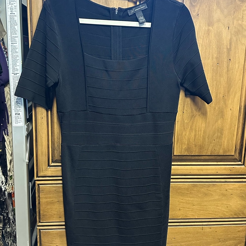 INC International Concepts Black Sheath Midi Dress Square Neck Short Sleeve